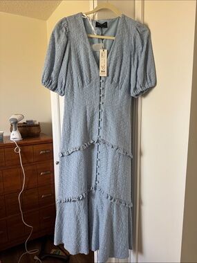 MINKPINK Light Blue Textured Midi Dress with Puff Sleeves